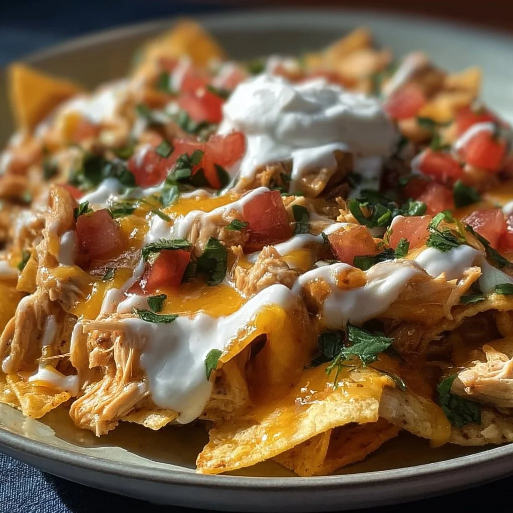 Delicious crockpot creamy chicken nachos topped with cheese and jalapeños