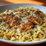 Crockpot Garlic Parmesan Chicken Pasta served with fresh herbs