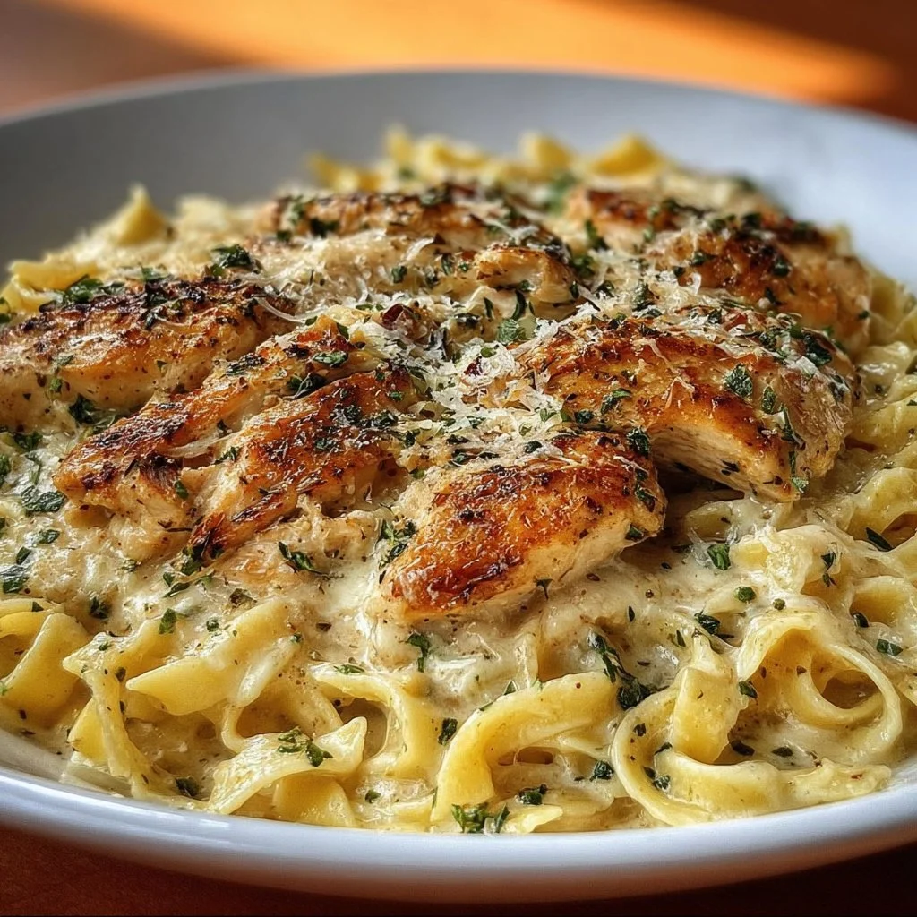 Crockpot Garlic Parmesan Chicken Pasta served with fresh herbs