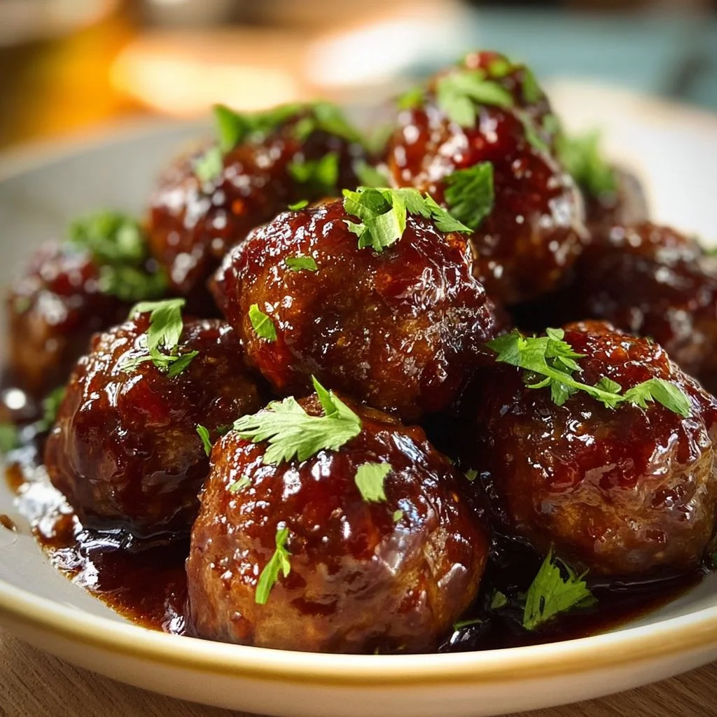 Crockpot grape jelly meatballs with chili sauce served in a bowl