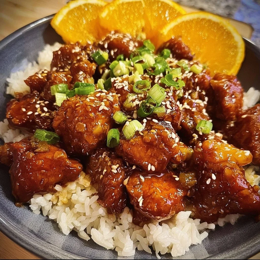 Bowl of Crockpot Orange Chicken garnished with green onions