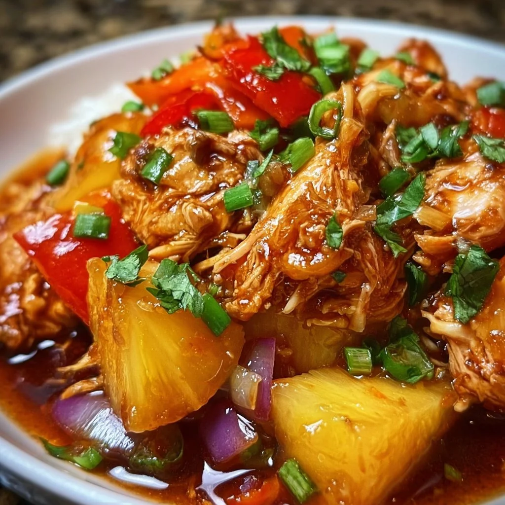 Delicious Crockpot Pineapple Chicken served on a plate with rice and vegetables.
