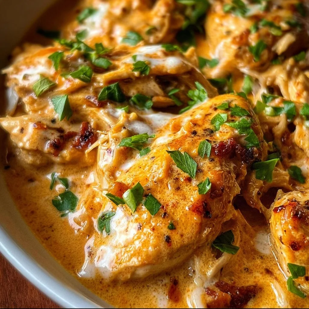 Crockpot Ranch Chicken dish garnished with herbs and served on a plate