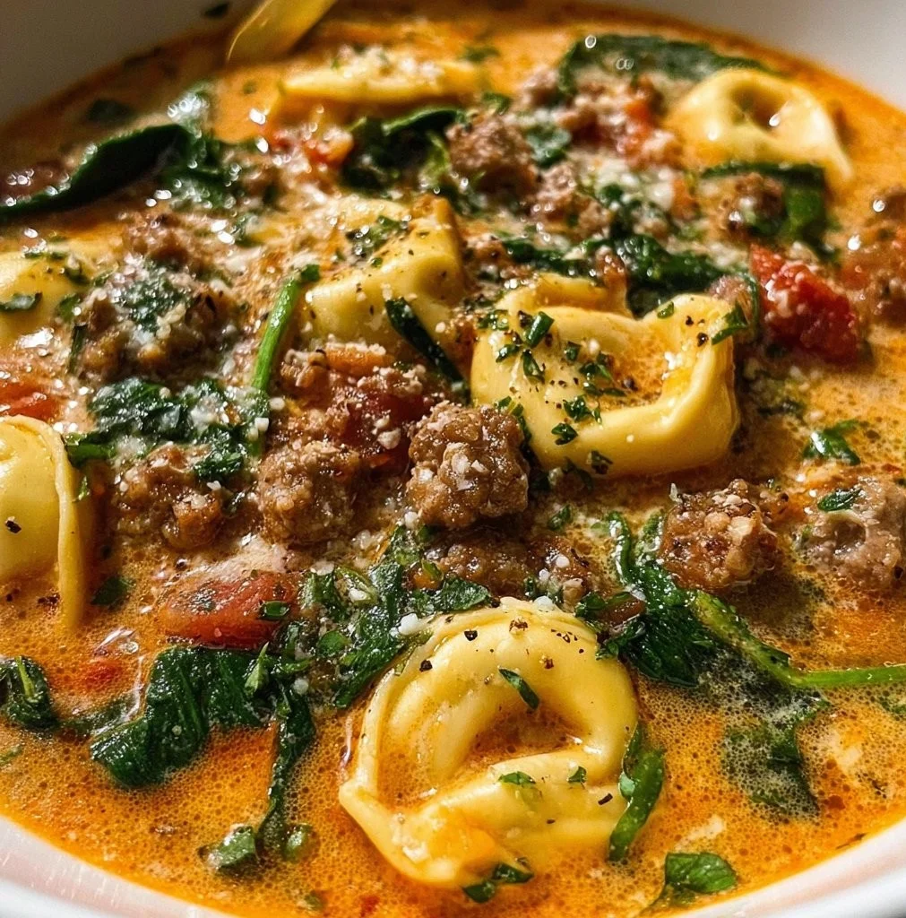 Bowl of Crockpot Sausage and Tortellini Soup garnished with herbs