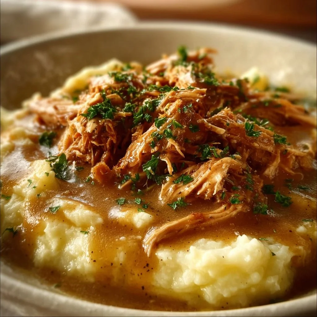 Crockpot shredded chicken gravy served over mashed potatoes for a delicious meal.