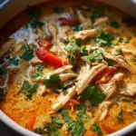 Crockpot Thai Coconut Chicken Soup garnished with fresh herbs.