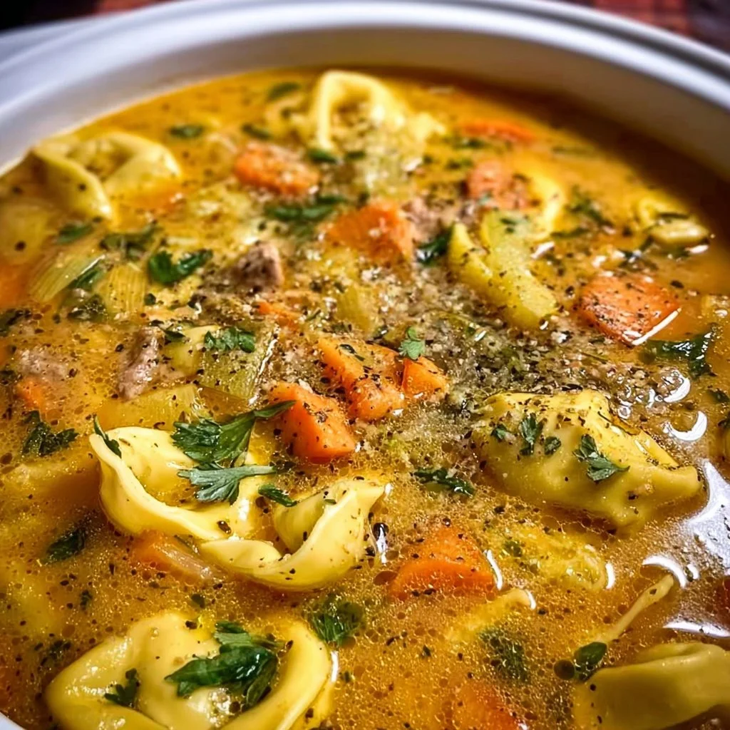 Bowl of Crockpot Tortellini Soup with fresh herbs and cheese