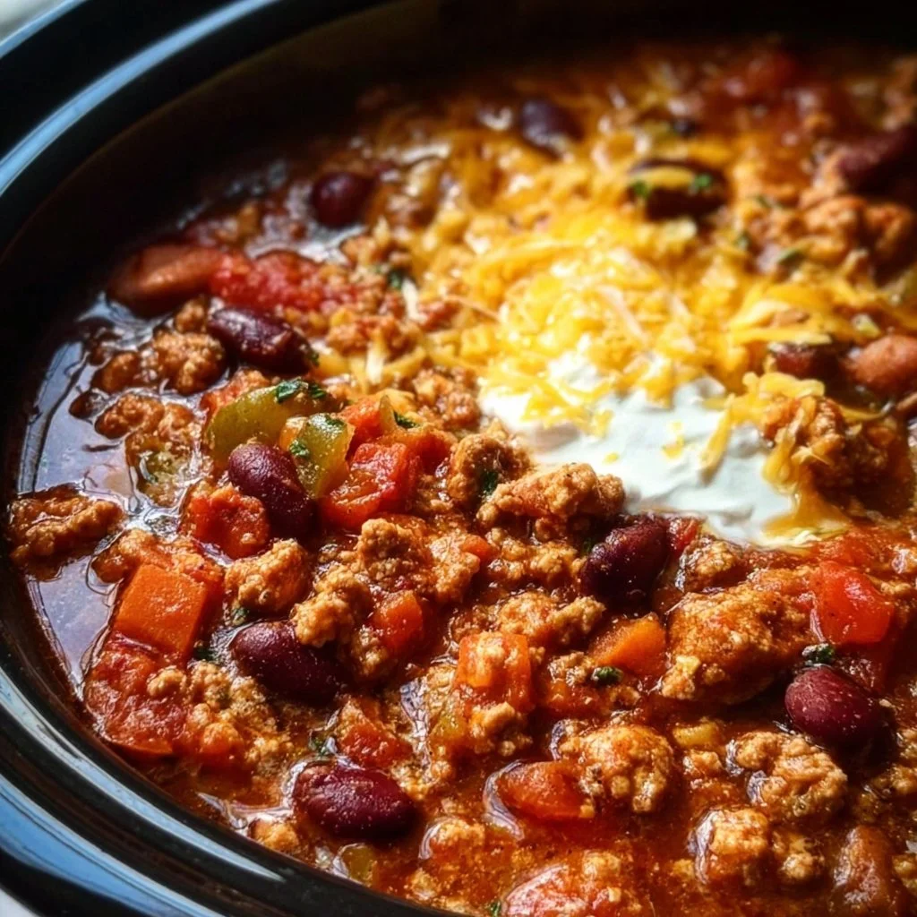 Delicious crockpot turkey chili served in a bowl with toppings