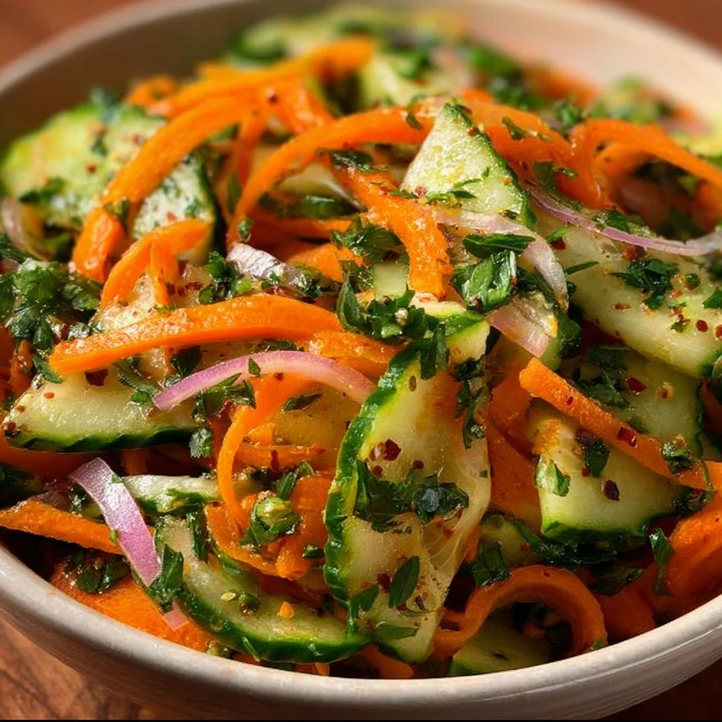 Fresh cucumber salad with carrots and celery for a healthy dish