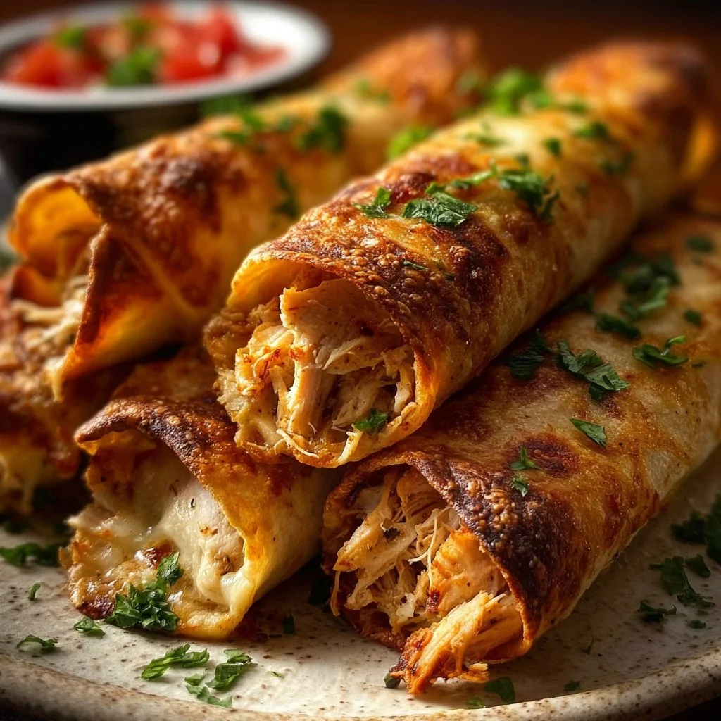 Crunchy oven-baked chicken taquitos served on a plate, garnished with salsa.