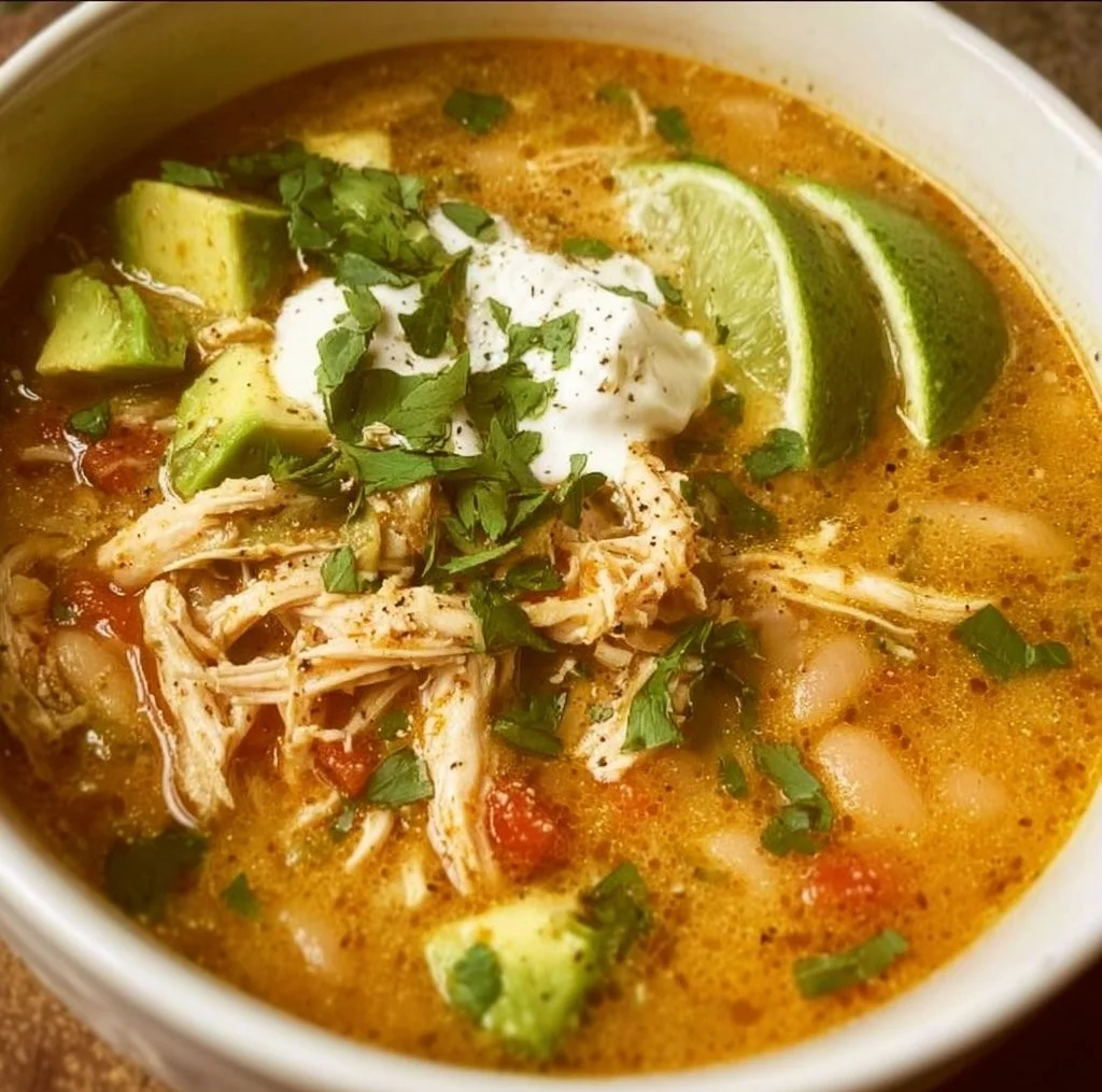 Bowl of dairy free white chicken chili garnished with cilantro and lime.