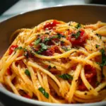 Plate of delicious tomato butter pasta topped with fresh basil and parmesan
