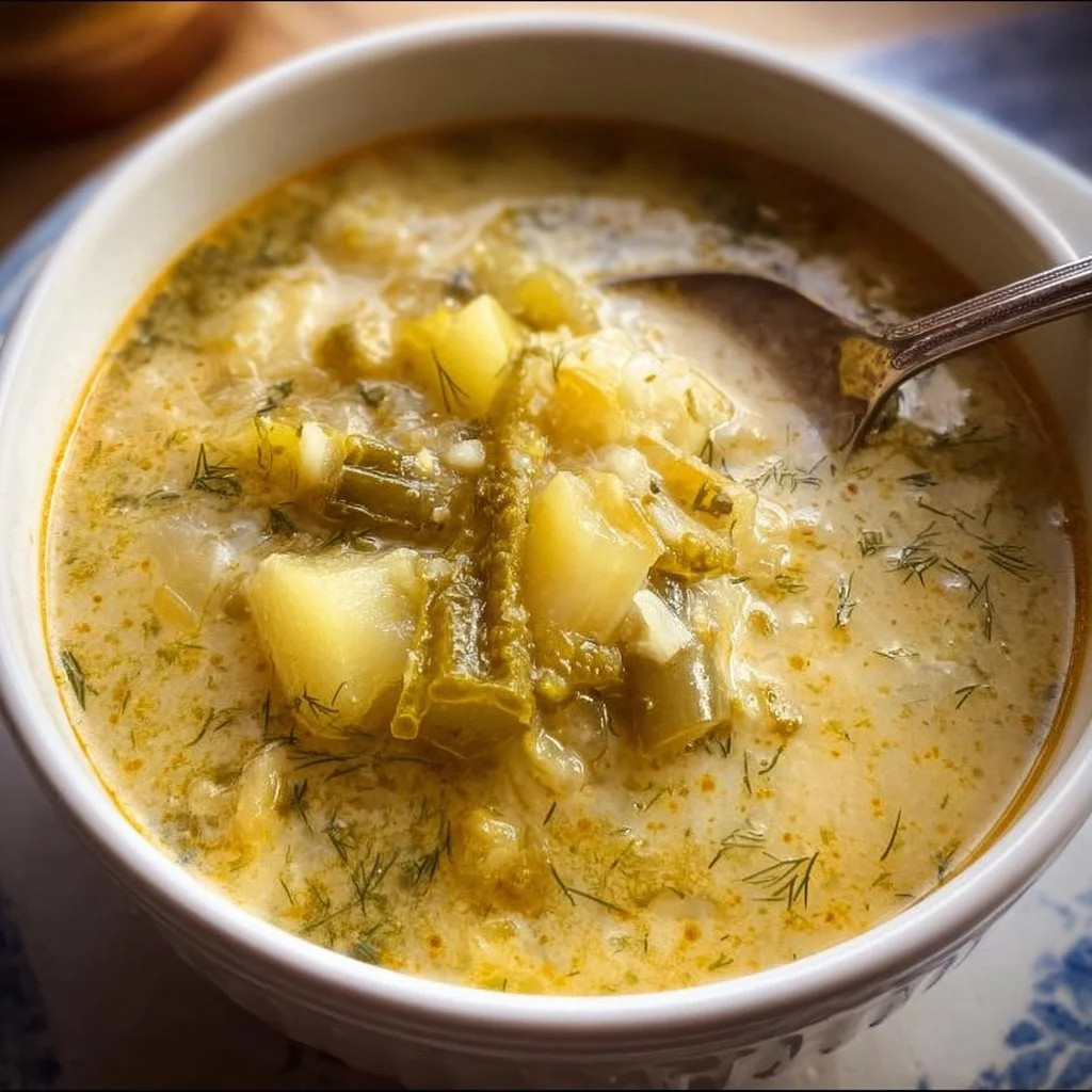 Bowl of creamy Dill Pickle Soup garnished with fresh herbs.