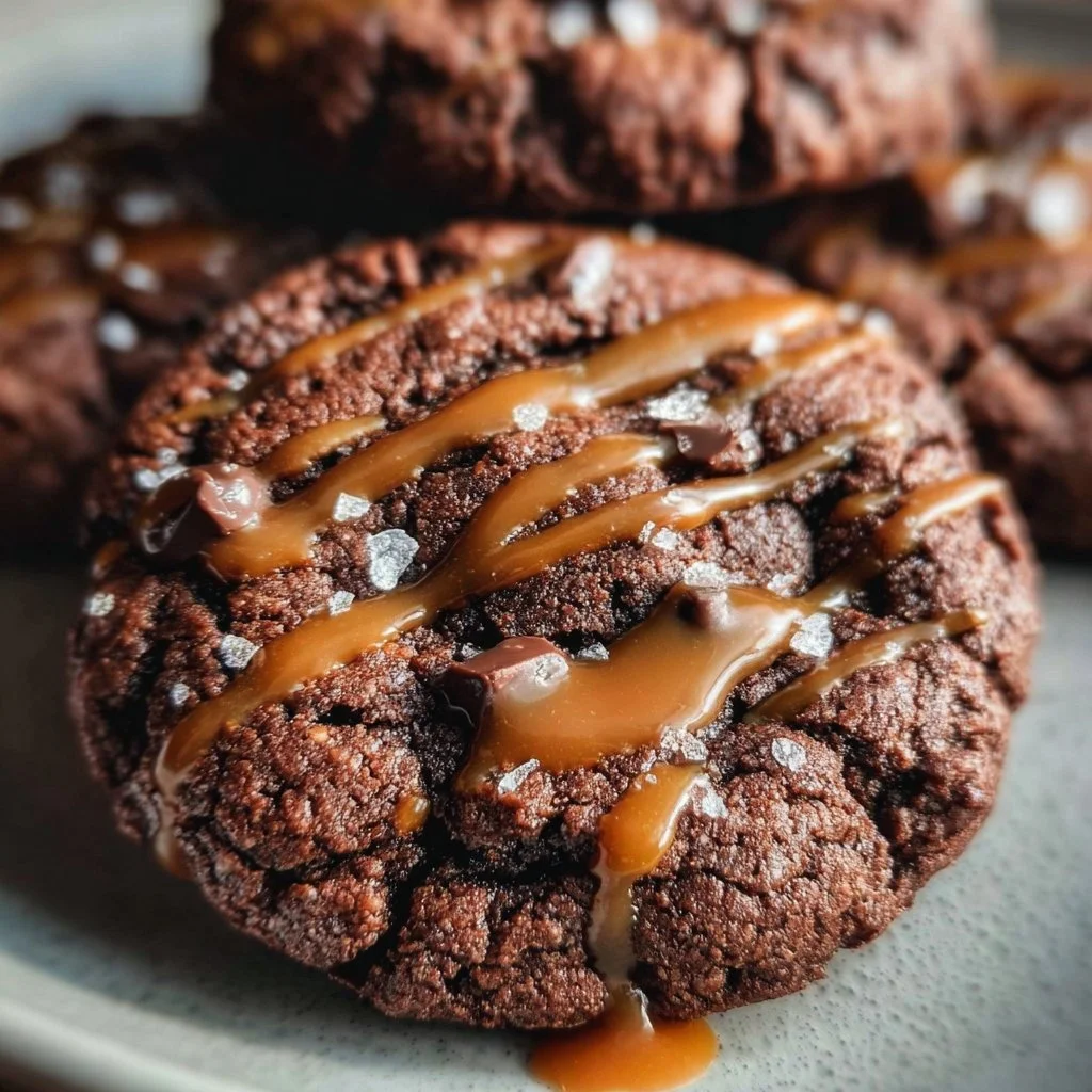 Double chocolate salted caramel cookies on a cooling rack