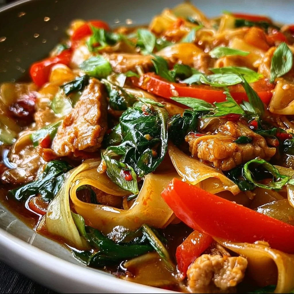 Delicious plate of Drunken Noodles with vibrant vegetables and rich sauce