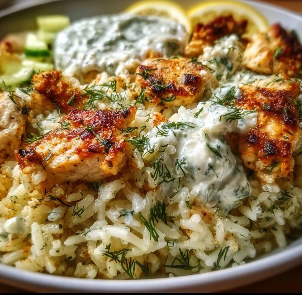 Delicious Dump-and-Bake Chicken Tzatziki Rice served in a bowl
