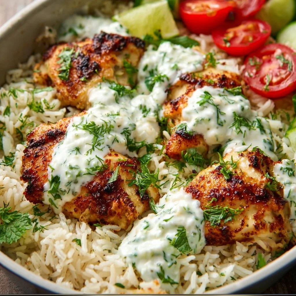 Dump-and-Bake Chicken Tzatziki served with rice in a bowl