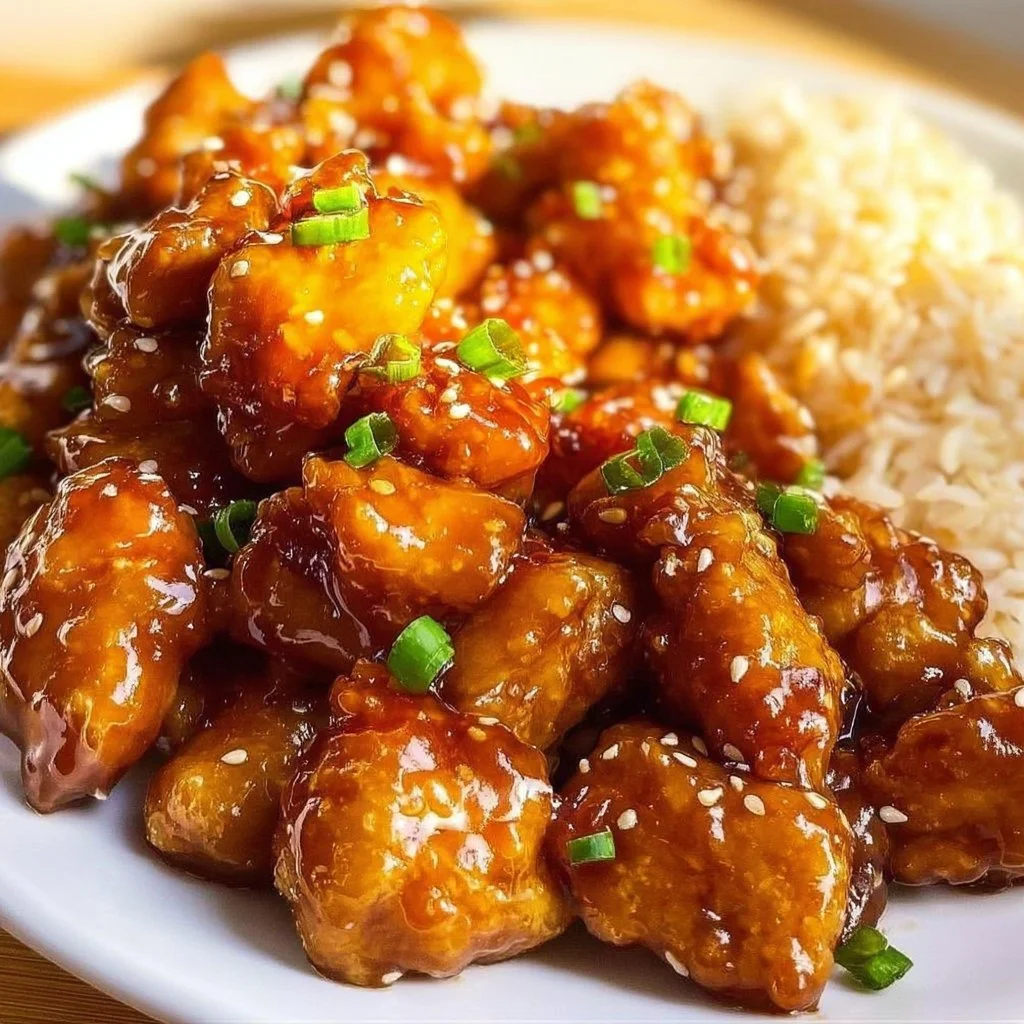 Delicious plate of easy orange chicken served with vegetables and rice.