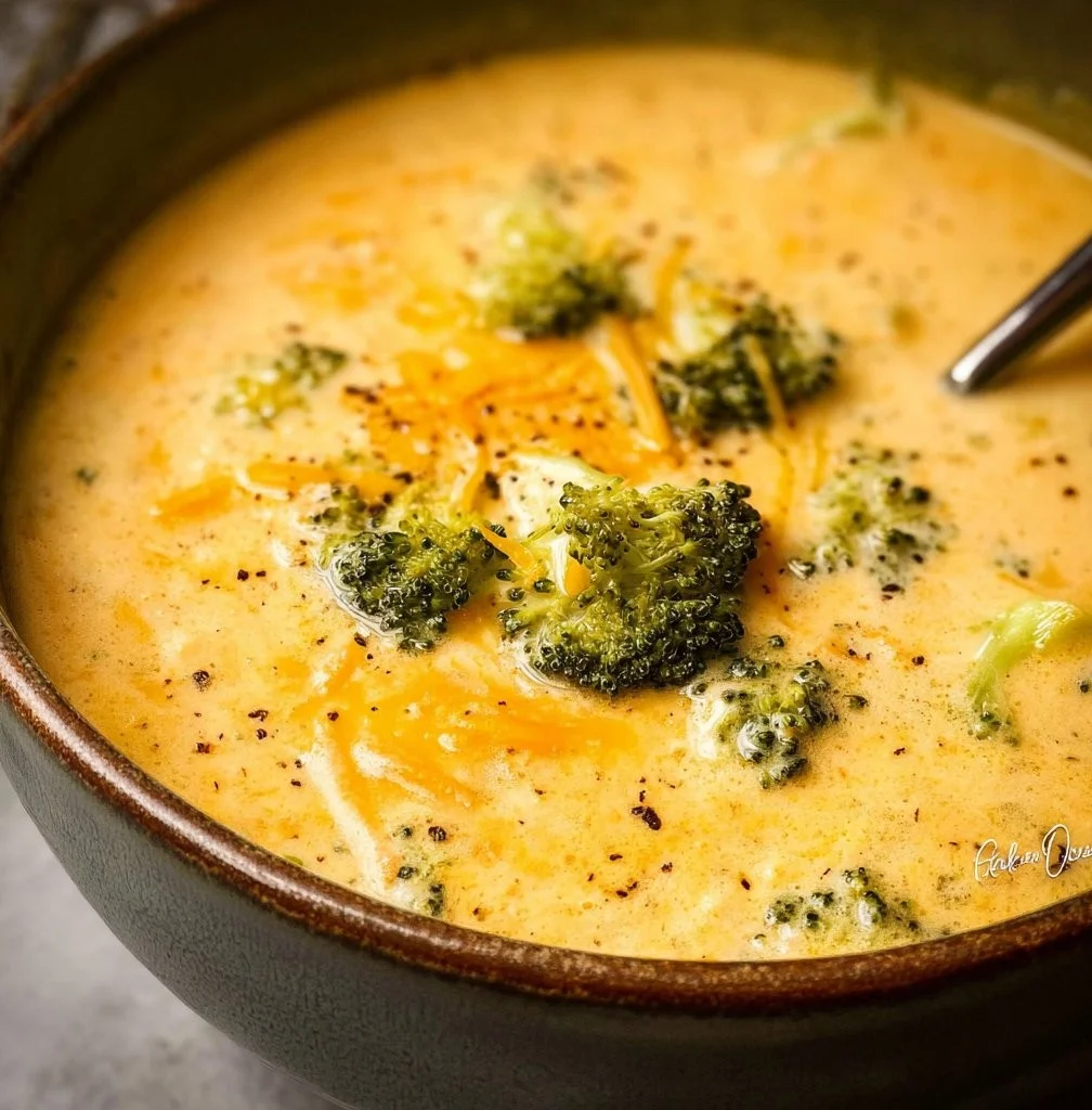 Bowl of easy broccoli cheddar soup garnished with cheese and broccoli florets