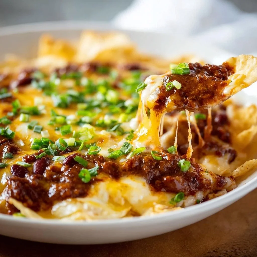 Bowl of easy chili cheese dip served with tortilla chips