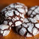 Batch of freshly baked easy chocolate crinkle cookies sprinkled with powdered sugar