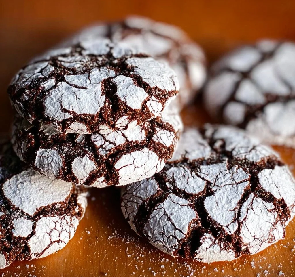 Batch of freshly baked easy chocolate crinkle cookies sprinkled with powdered sugar