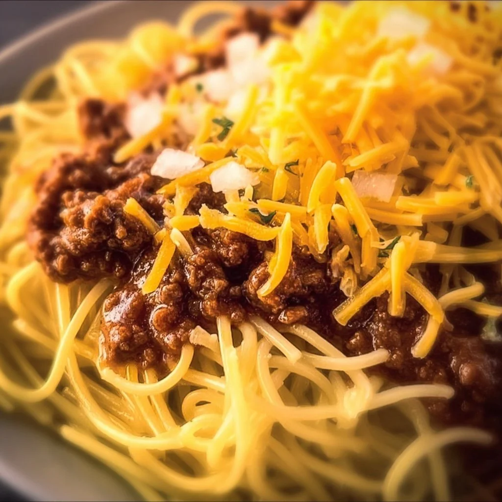 Bowl of Easy Cincinnati Chili topped with cheese and onions