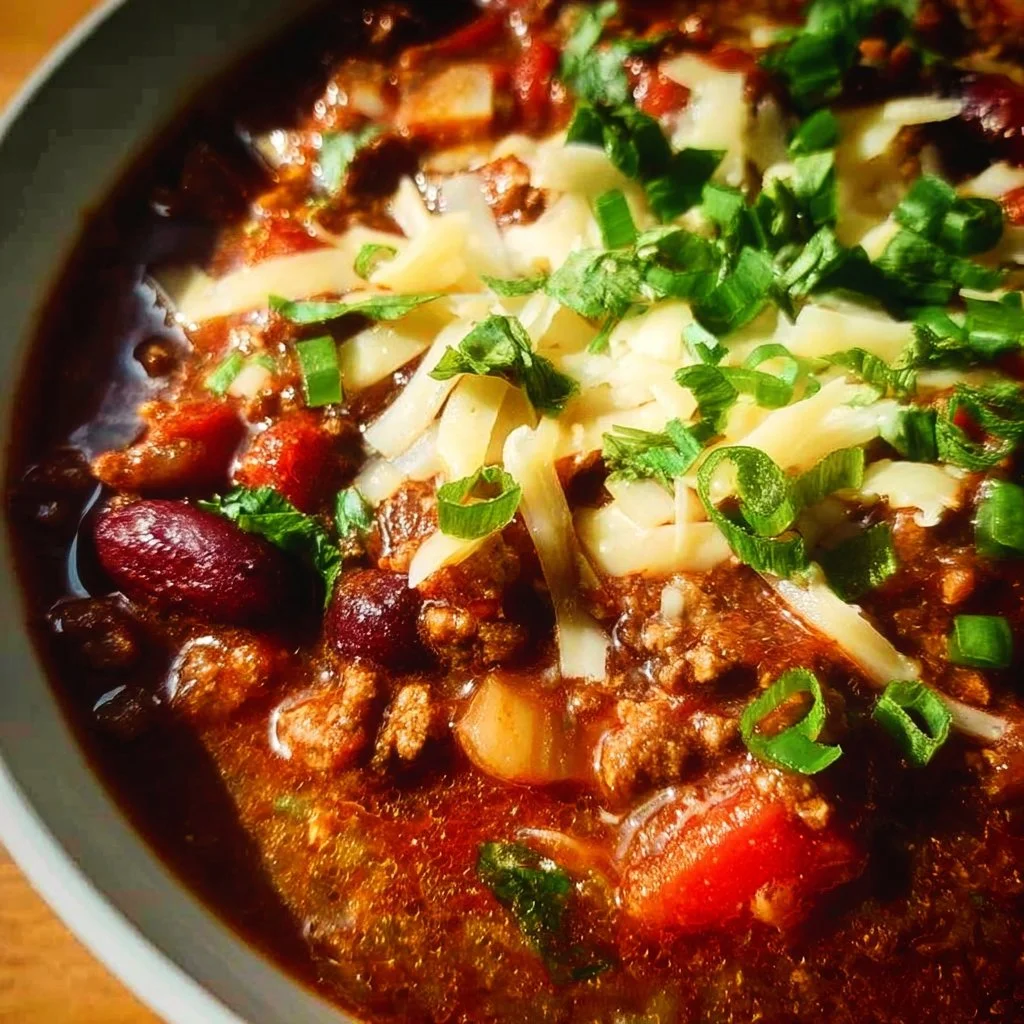 Bowl of easy homemade chili topped with fresh herbs and spices