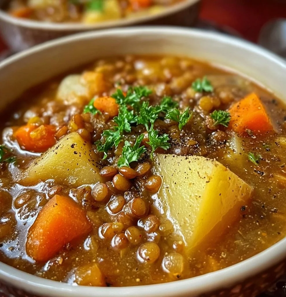 Bowl of easy lentil potato soup topped with fresh herbs