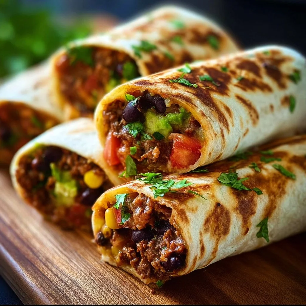 Delicious easy Mexican burritos ready to be served with fresh toppings