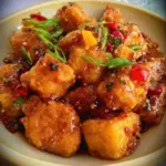 Delicious plate of easy orange tofu served with vegetables and rice.