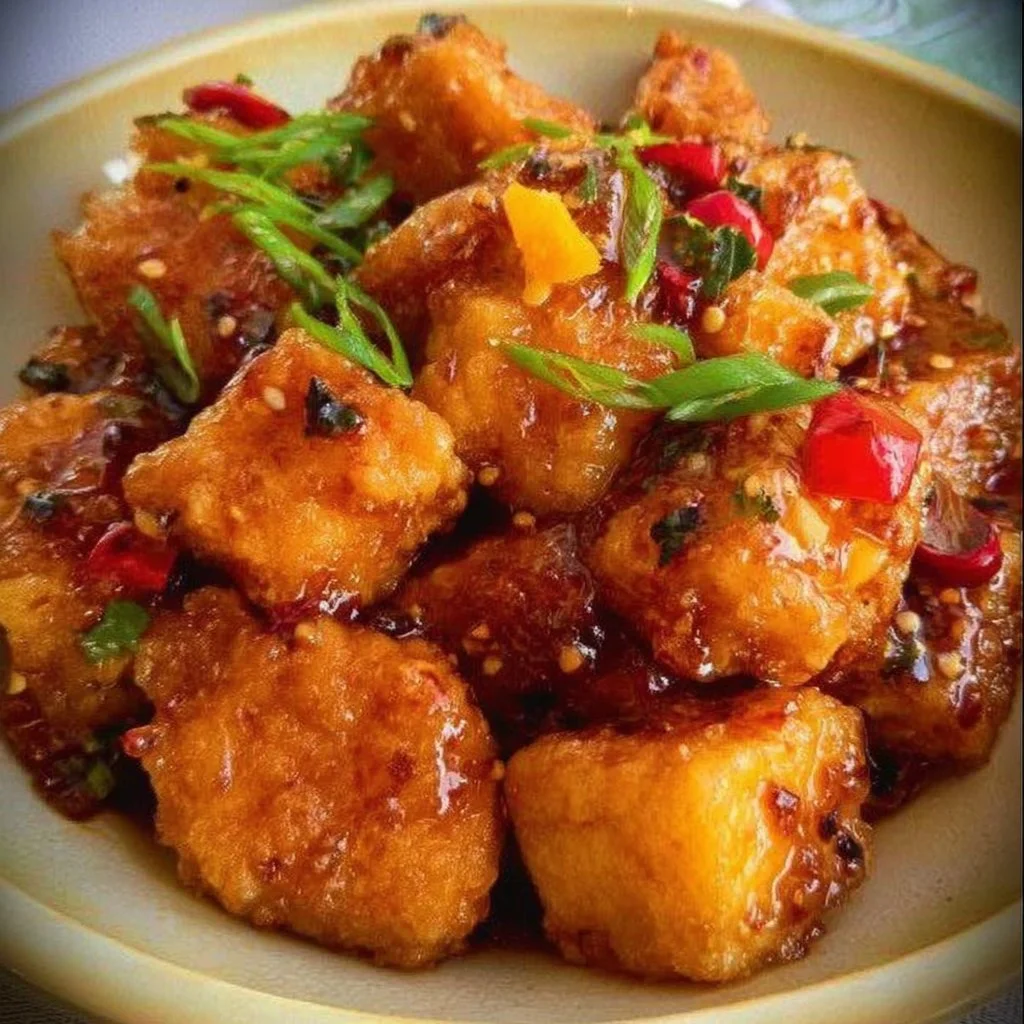 Delicious plate of easy orange tofu served with vegetables and rice.