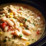 Bowl of easy slow cooker white chicken chili topped with cilantro and cheese