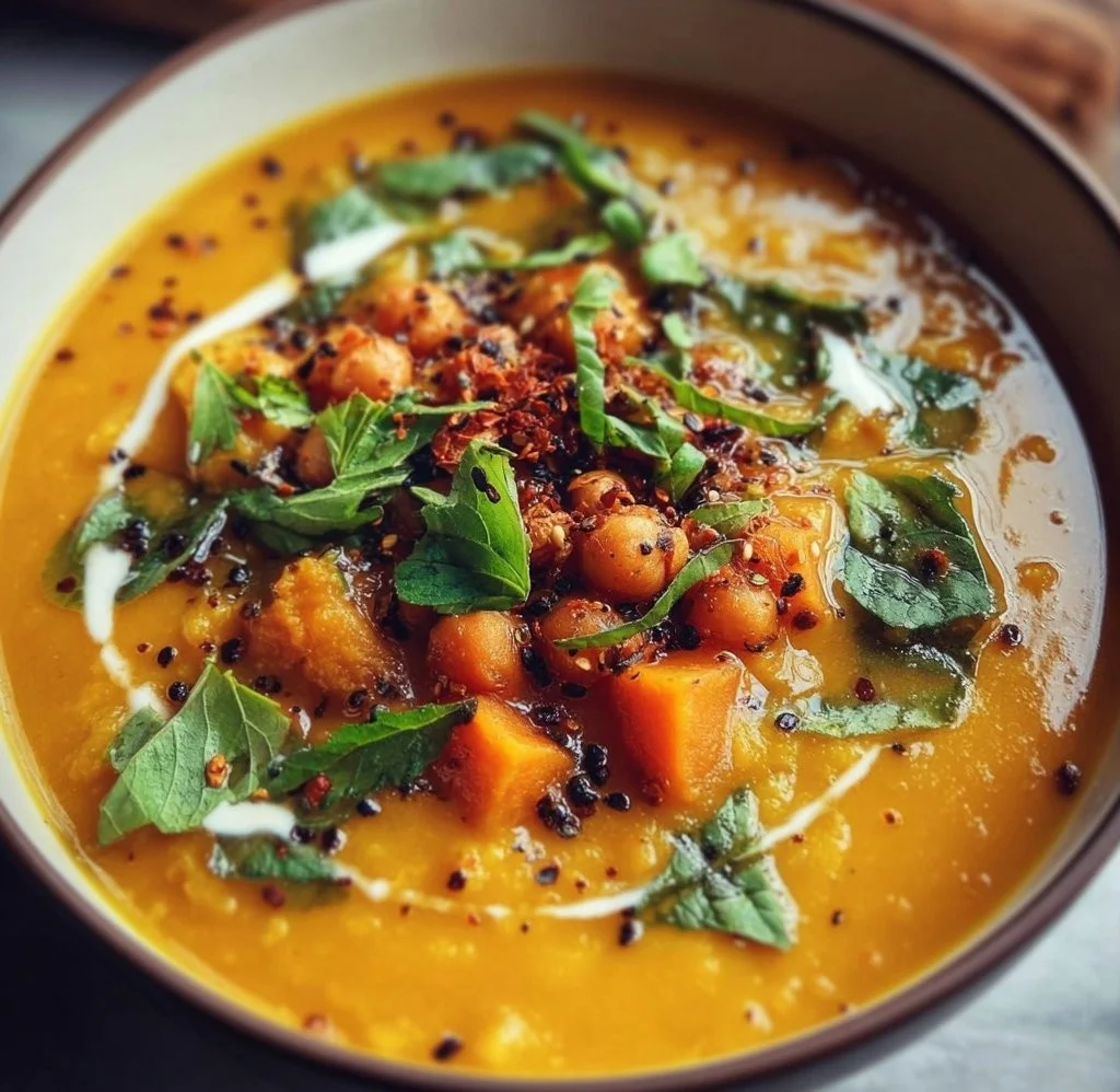 Bowl of easy sweet potato curry soup with fresh herbs and spices