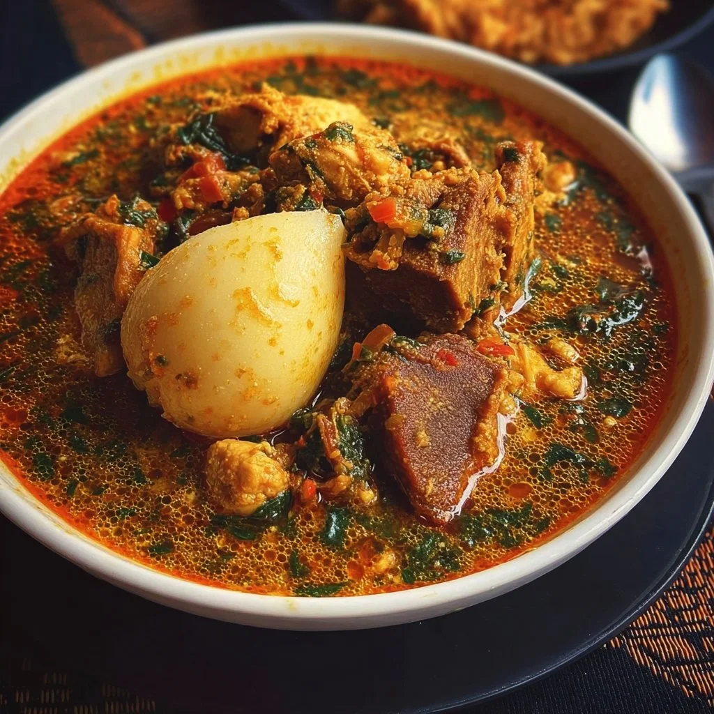 A bowl of Egusi Soup garnished with spinach and served with fufu.