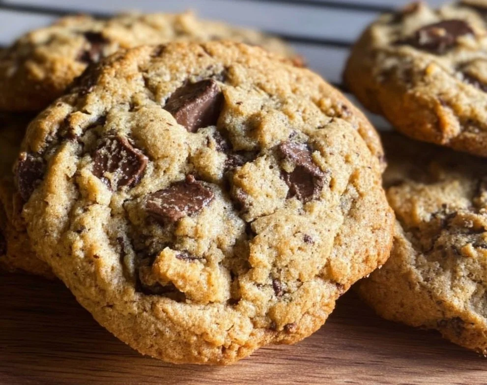 Freshly baked Einkorn chocolate chip cookies on a cooling rack.