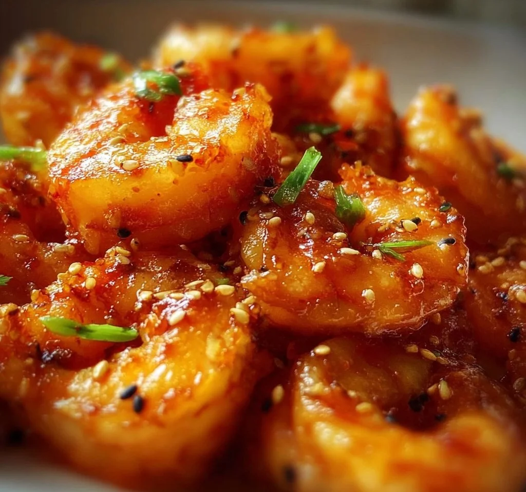 Delicious Firecracker Shrimp plated with a spicy sauce and garnishes
