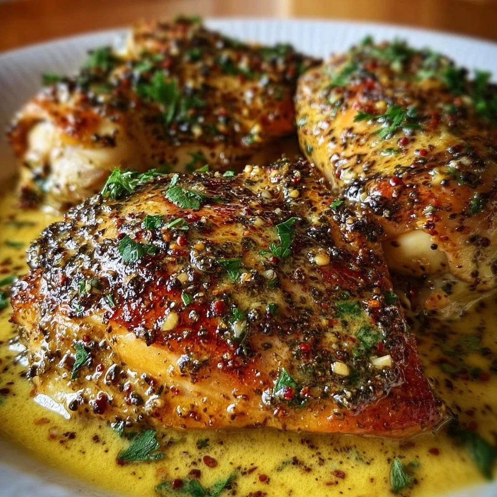 Delicious French Mustard Chicken served with fresh herbs and sides