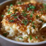 Bowl of French Onion Soup Rice topped with melted cheese and herbs