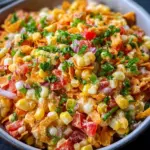 Delicious Frito Corn Salad served in a bowl, featuring corn, Fritos, and dressing.