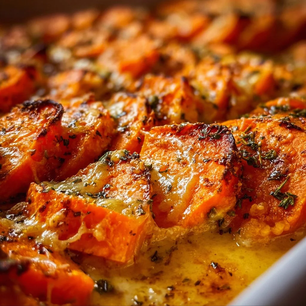 Garlic Butter Sweet Potato Bake served in a dish with herbs and spices