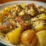 Garlic Parmesan Crockpot Chicken with potatoes in a slow cooker dish
