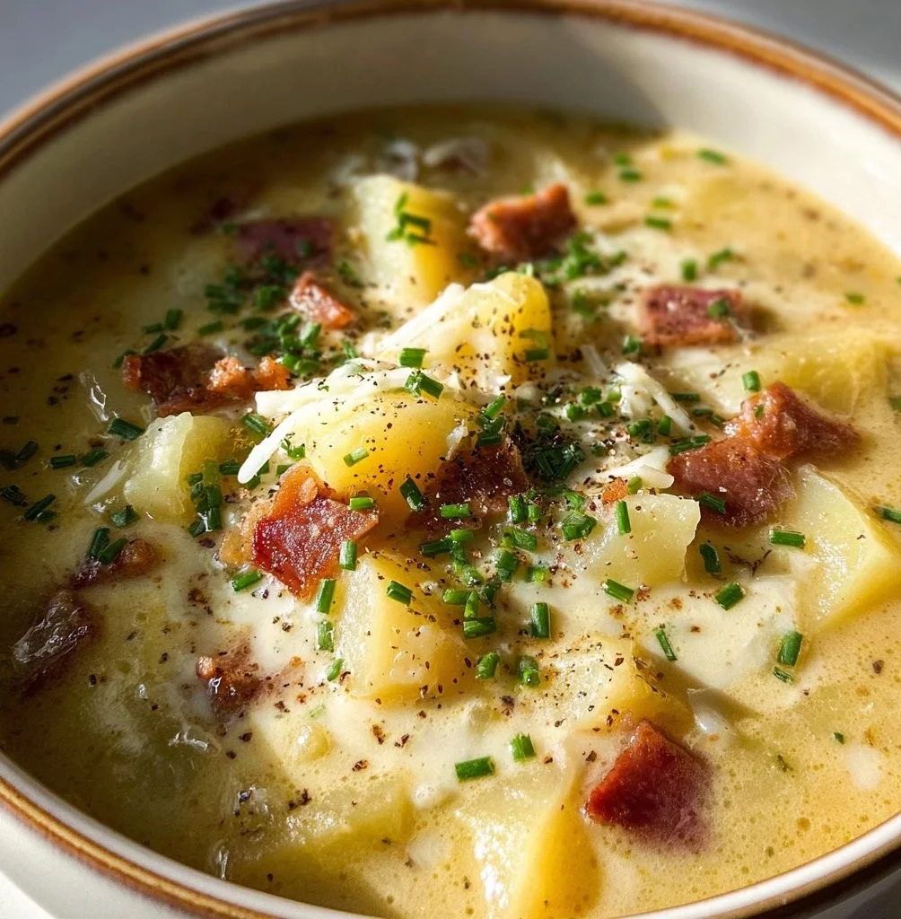 Bowl of delicious German Potato Soup topped with herbs and served with bread