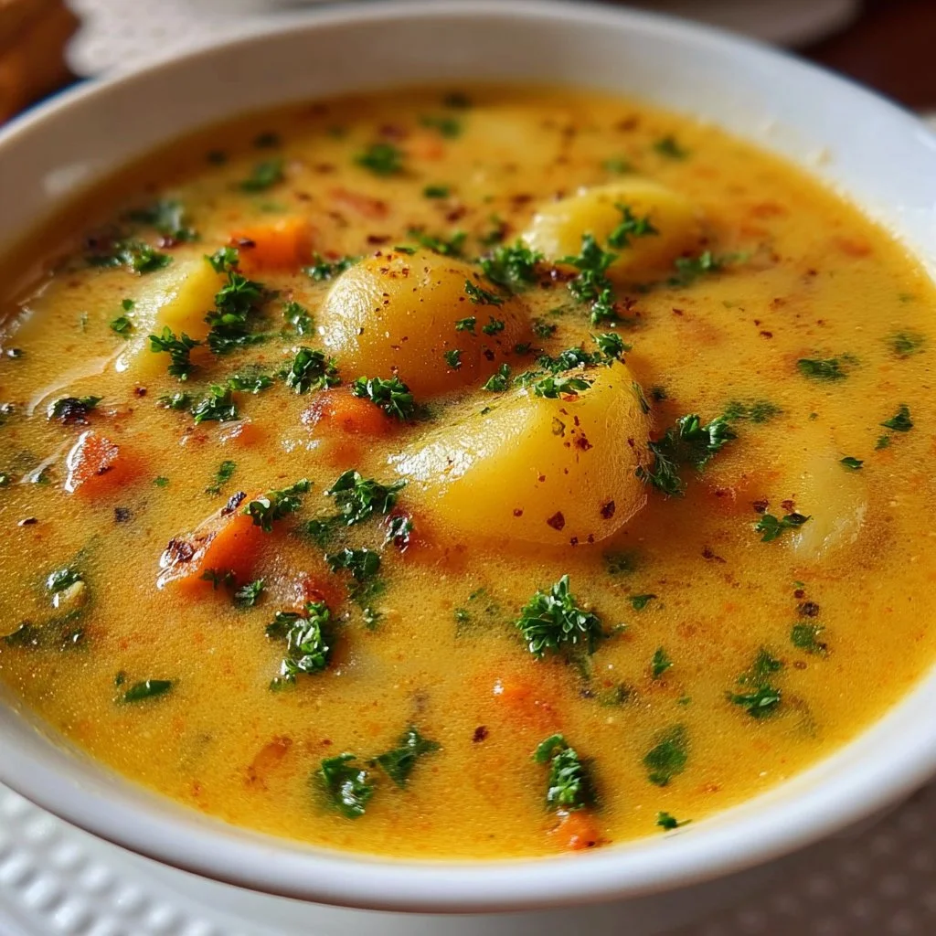 Bowl of delicious German Potato Soup garnished with fresh herbs