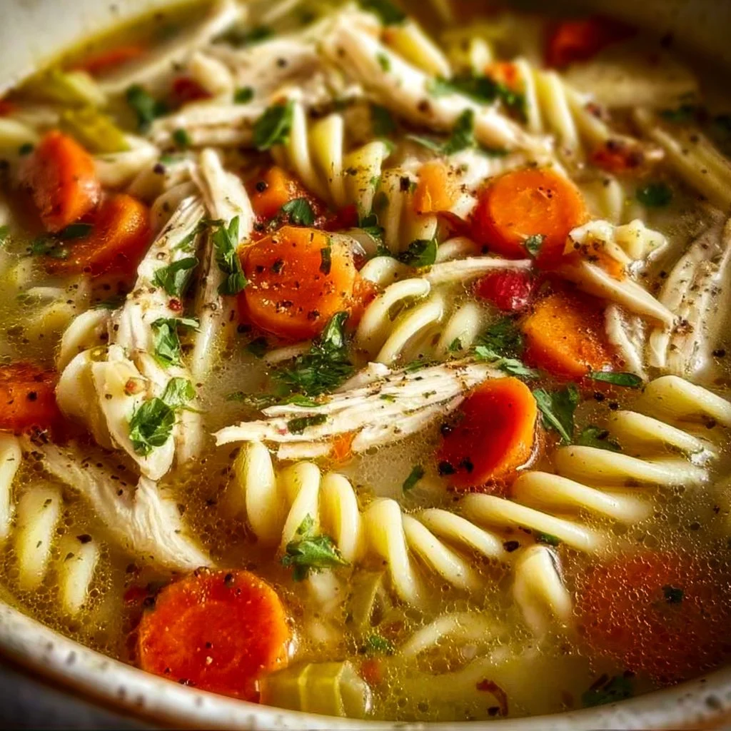 Bowl of gluten-free chicken noodle soup with fresh vegetables and herbs