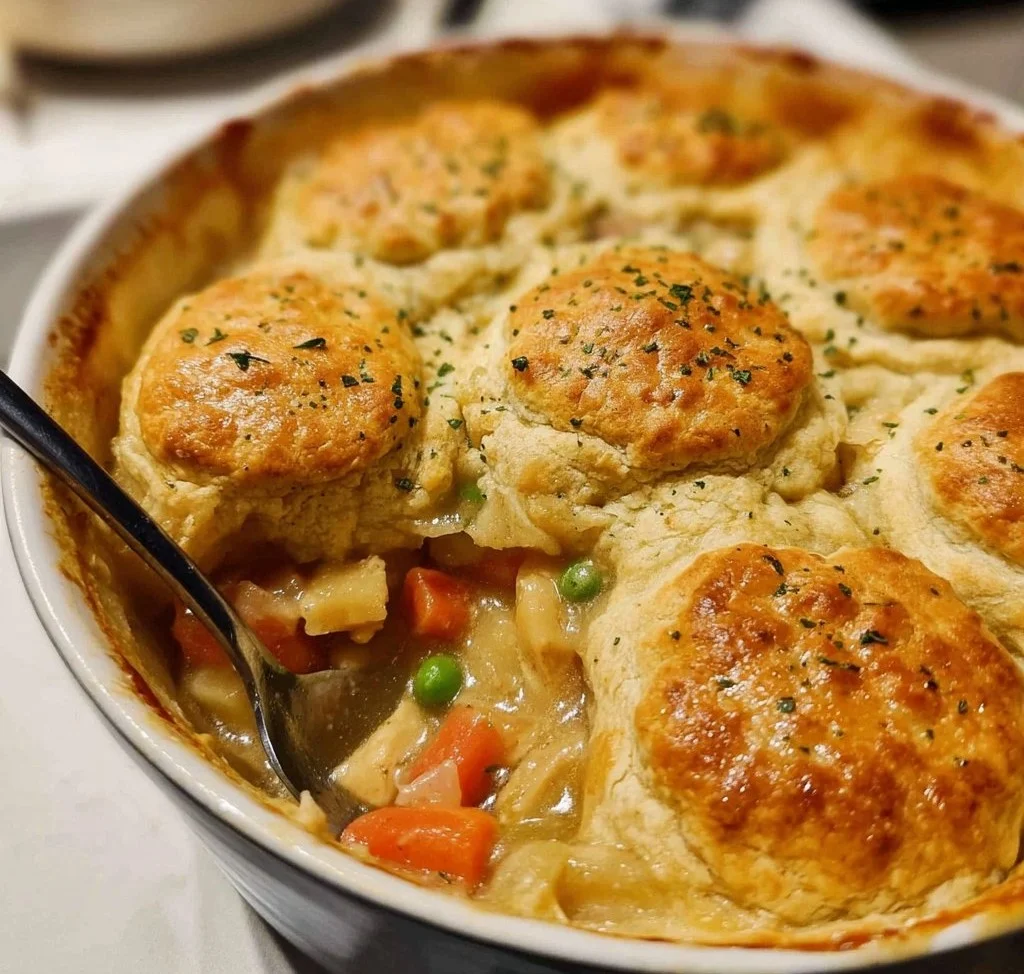 Gluten-free chicken pot pie served in a white dish with fresh herbs.
