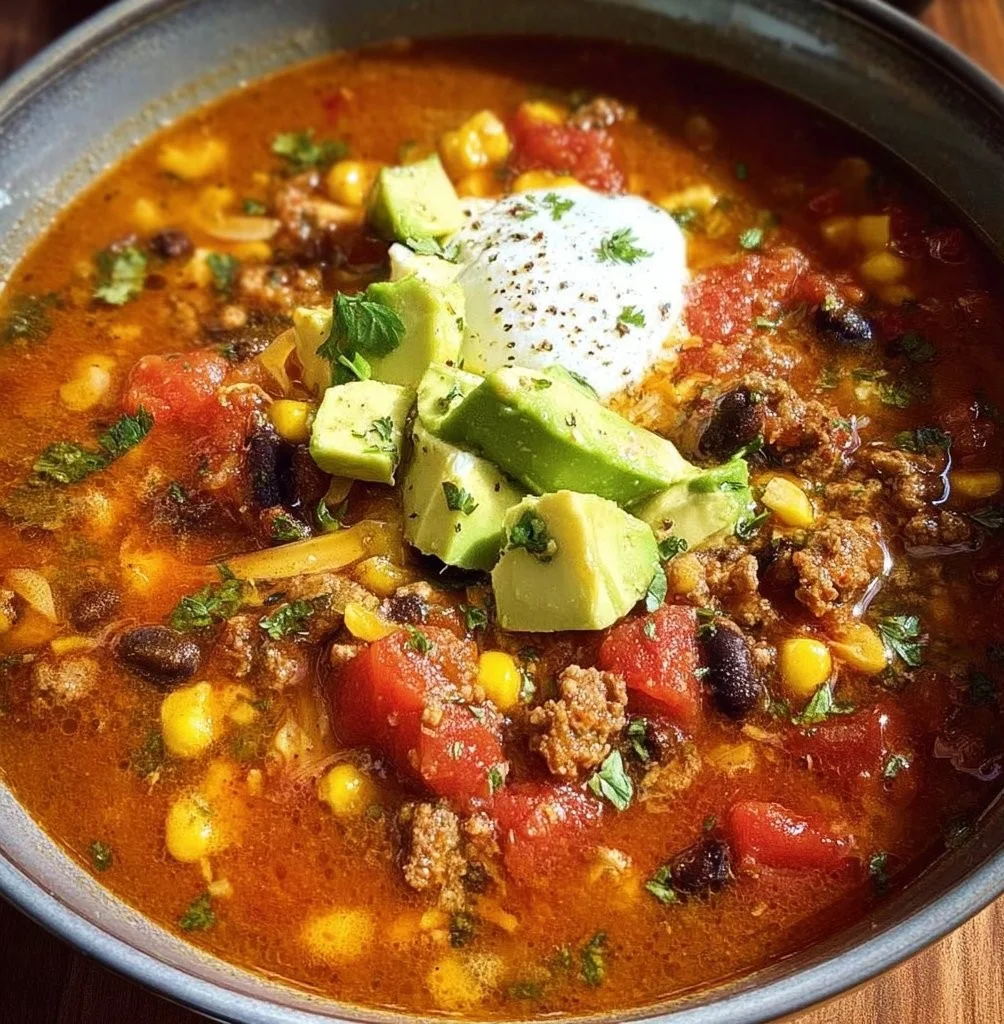Bowl of gluten-free taco soup with toppings like cheese and cilantro