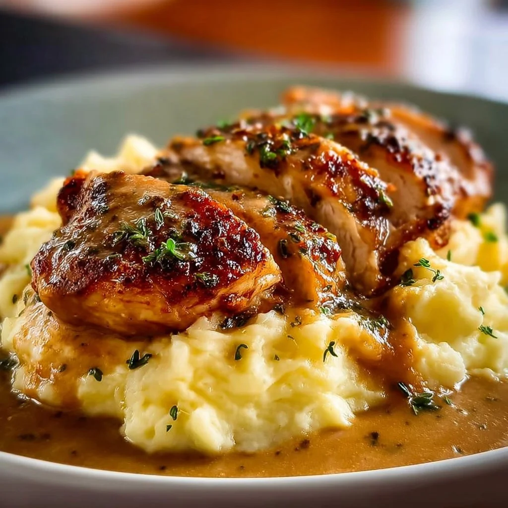 Plate of golden seared chicken served with cheesy mashed potatoes and garlic gravy.