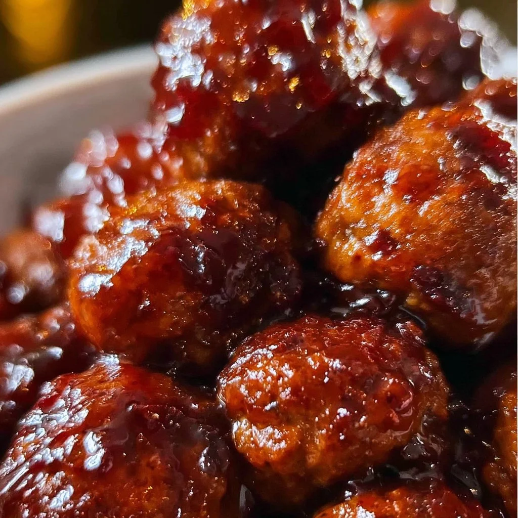 Grape Jelly Chili Sauce Meatballs served on a platter with garnishes.