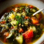 Bowl of Greek Healing Soup with fresh ingredients and herbs for wellness.